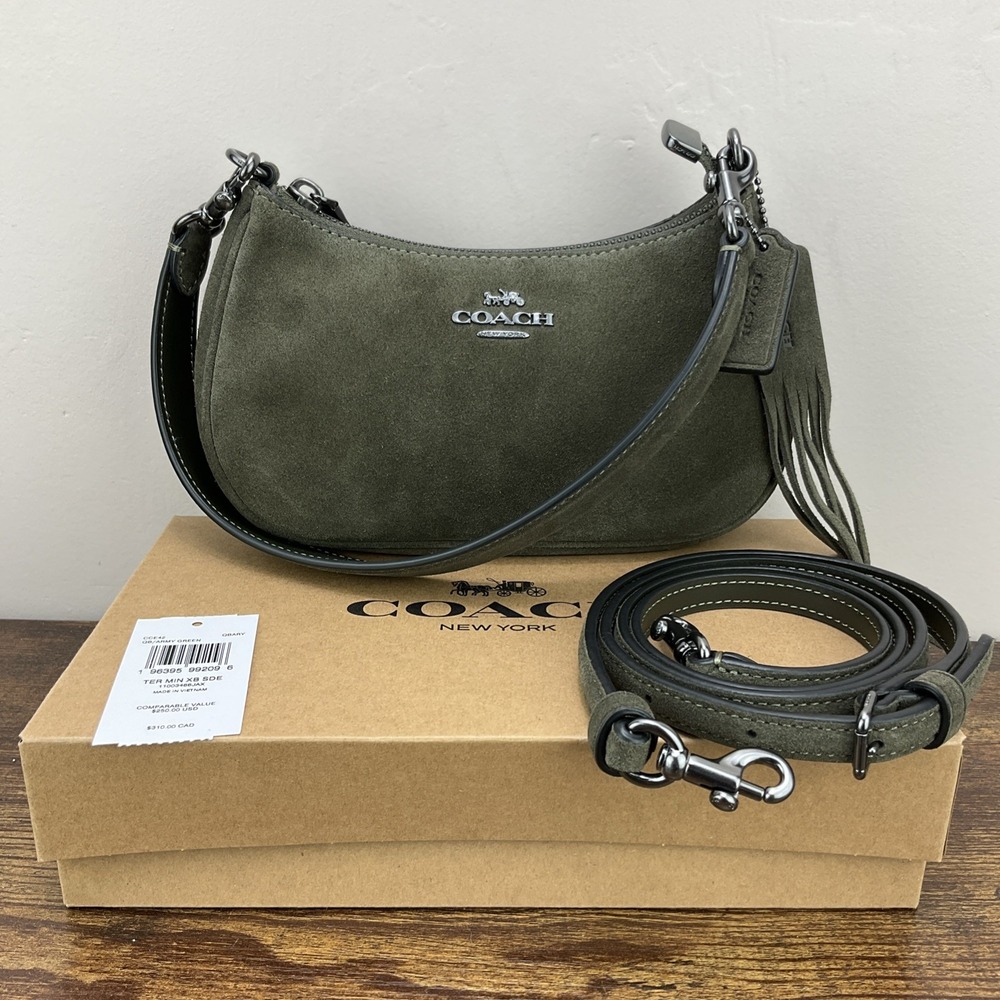 New Coach Teri Mini Crossbody Bag Suede Gunmetal And Army Green CCE42